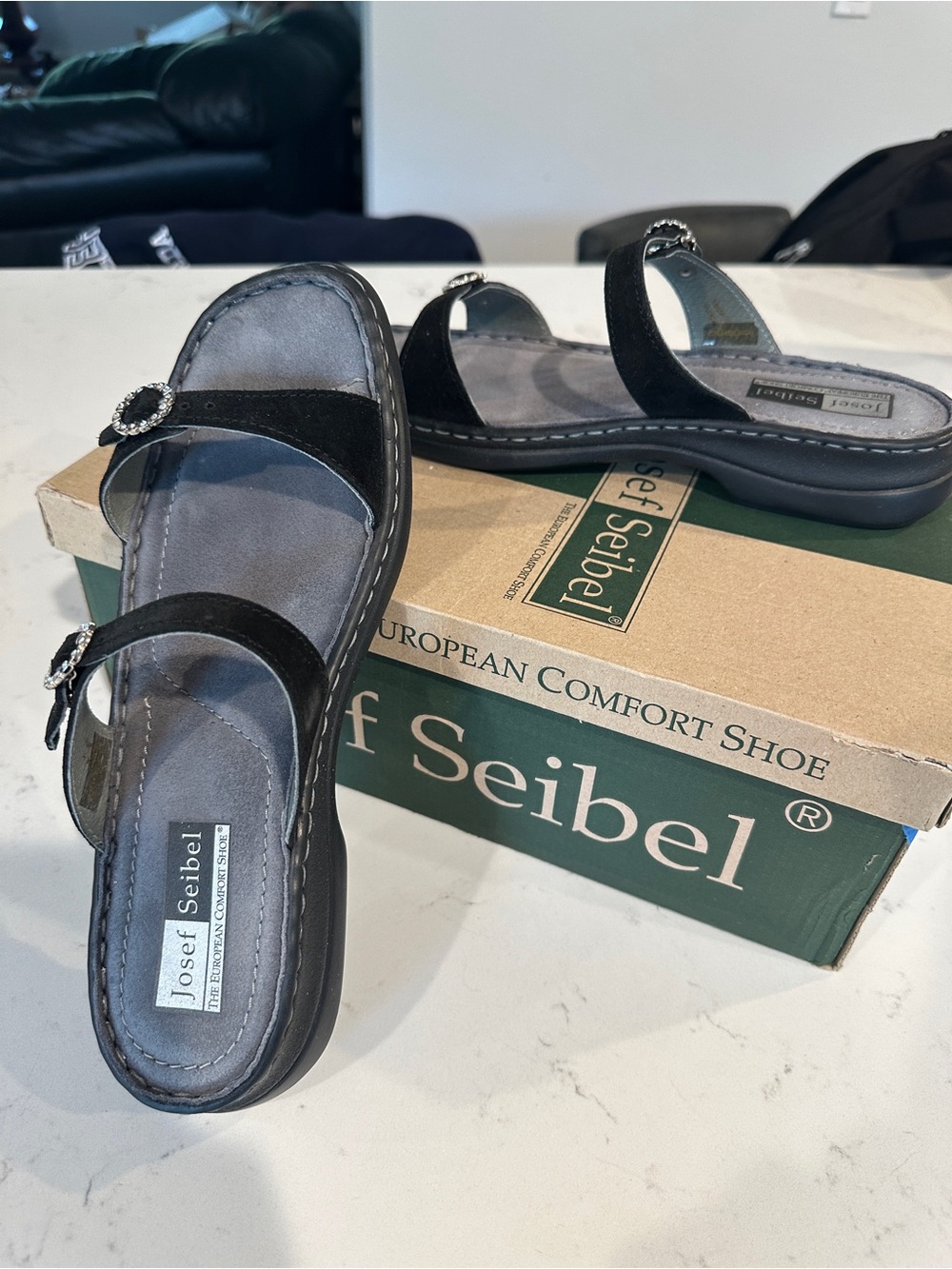 Josef Seibel Black Suede Double-Strap Slide Sandals